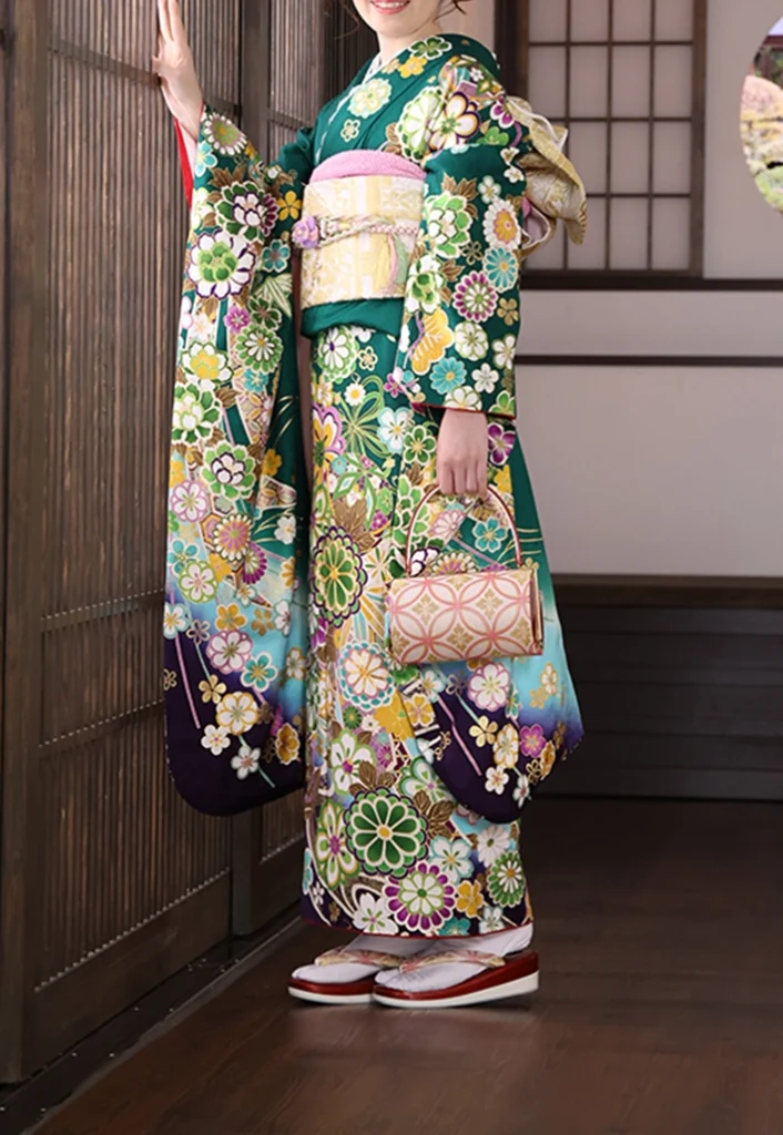 レンタル振袖 A-23 緑四季の花 
