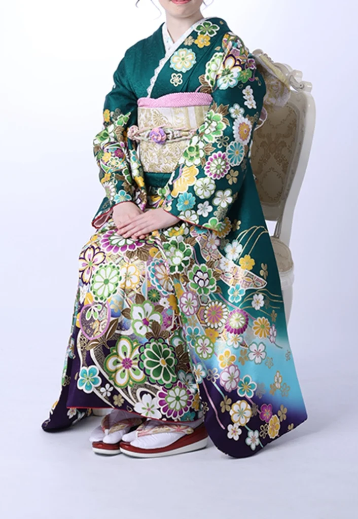 レンタル振袖 A-23 緑四季の花 　座り姿