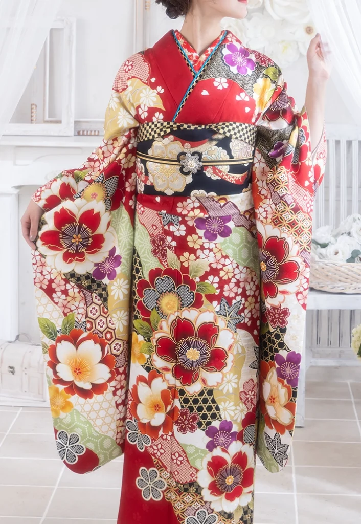 C-03 赤八重桜の振袖。前姿の全身コーディネート
