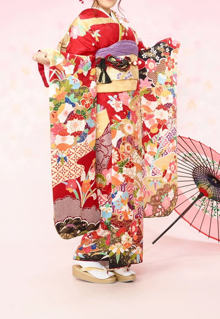 赤×金松竹梅牡丹の振袖コーディネート|京都で振袖レンタル・前撮り撮影
