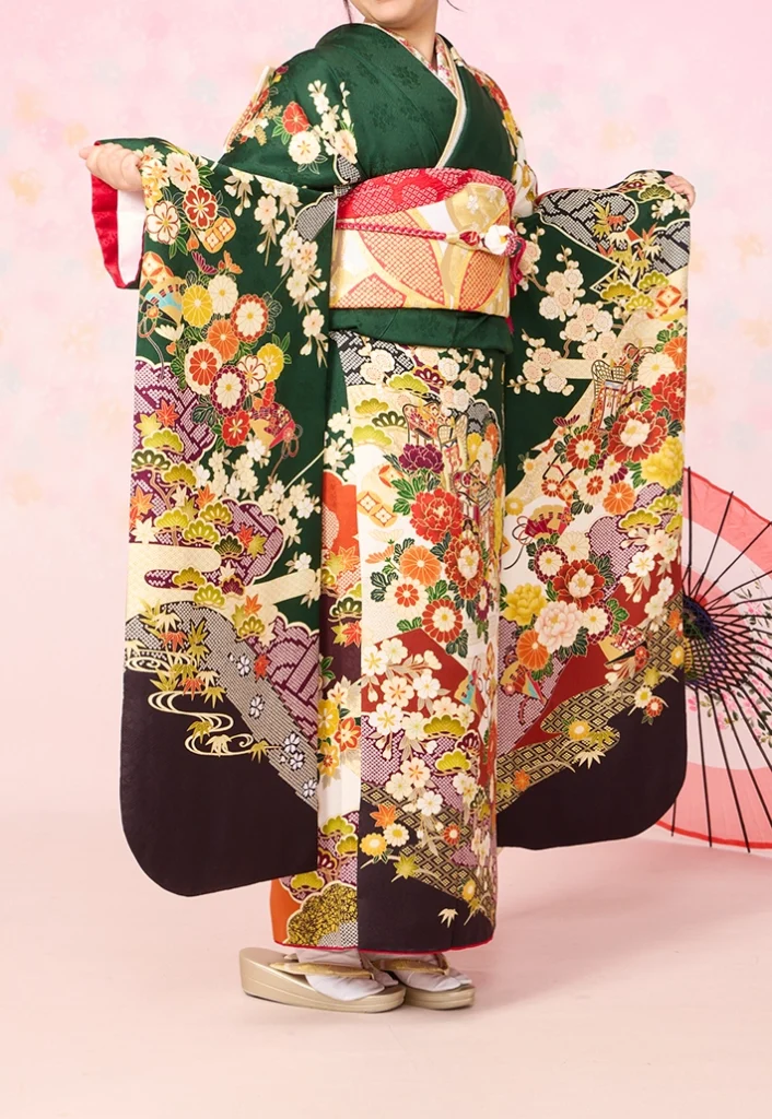 千歳緑御所車牡丹振袖のコーディネート例｜京都で振袖レンタル・前撮り撮影