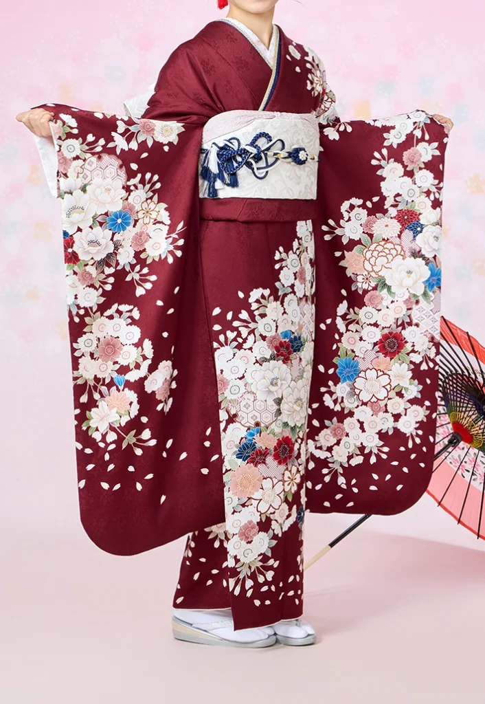 振袖A-25 エンジ白花の正面全身コーディネート